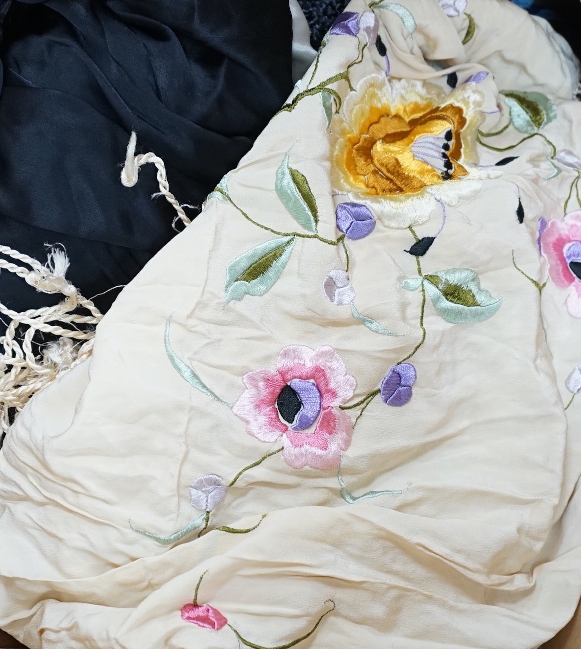 QA 1920's velvet jacket, a 1940's crepe evening dress, an embroidered shawl, two dresses, etc.